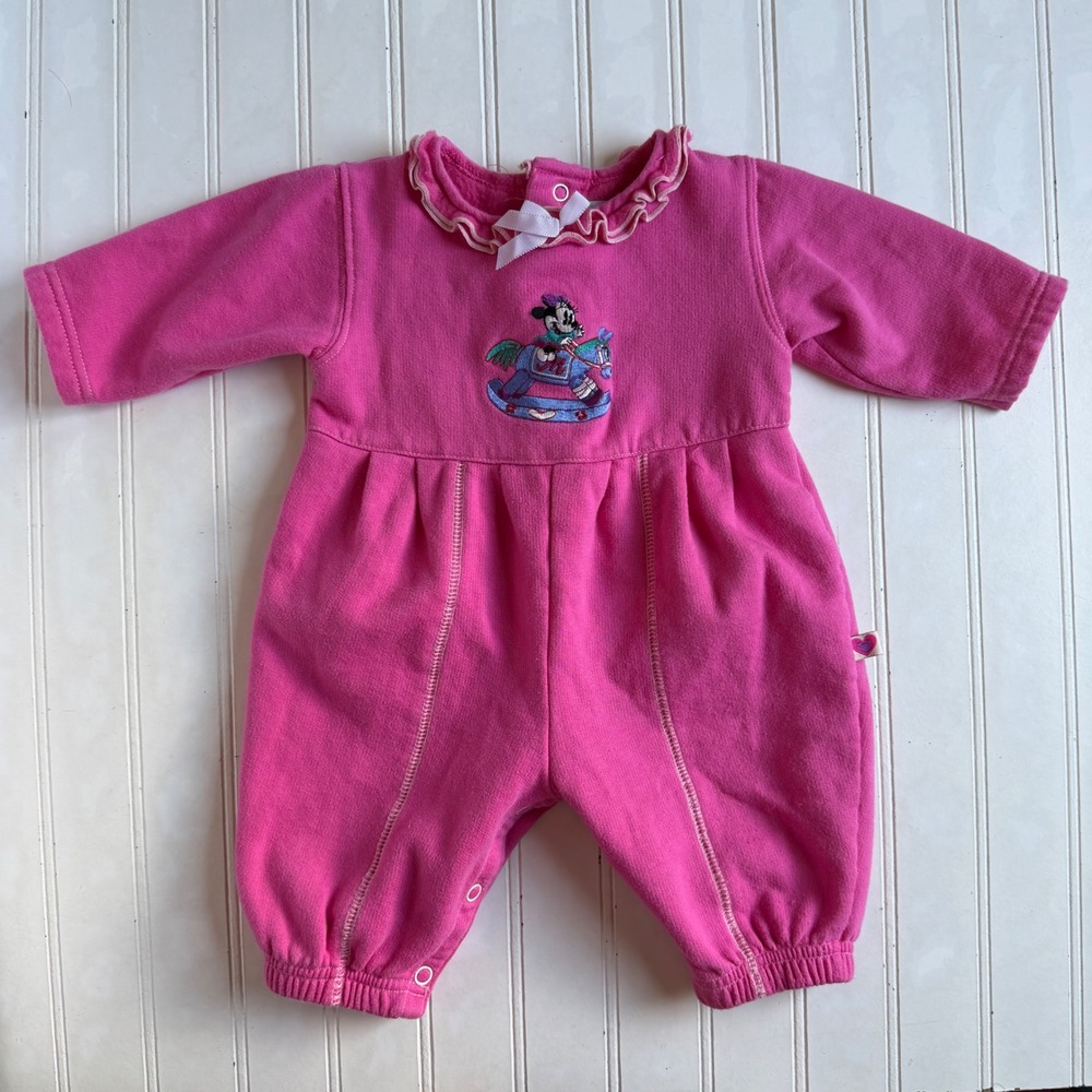 Vintage Baby Mickey & Co Minnie Mouse Pink Ruffle Romper 6/9M 90s Disney